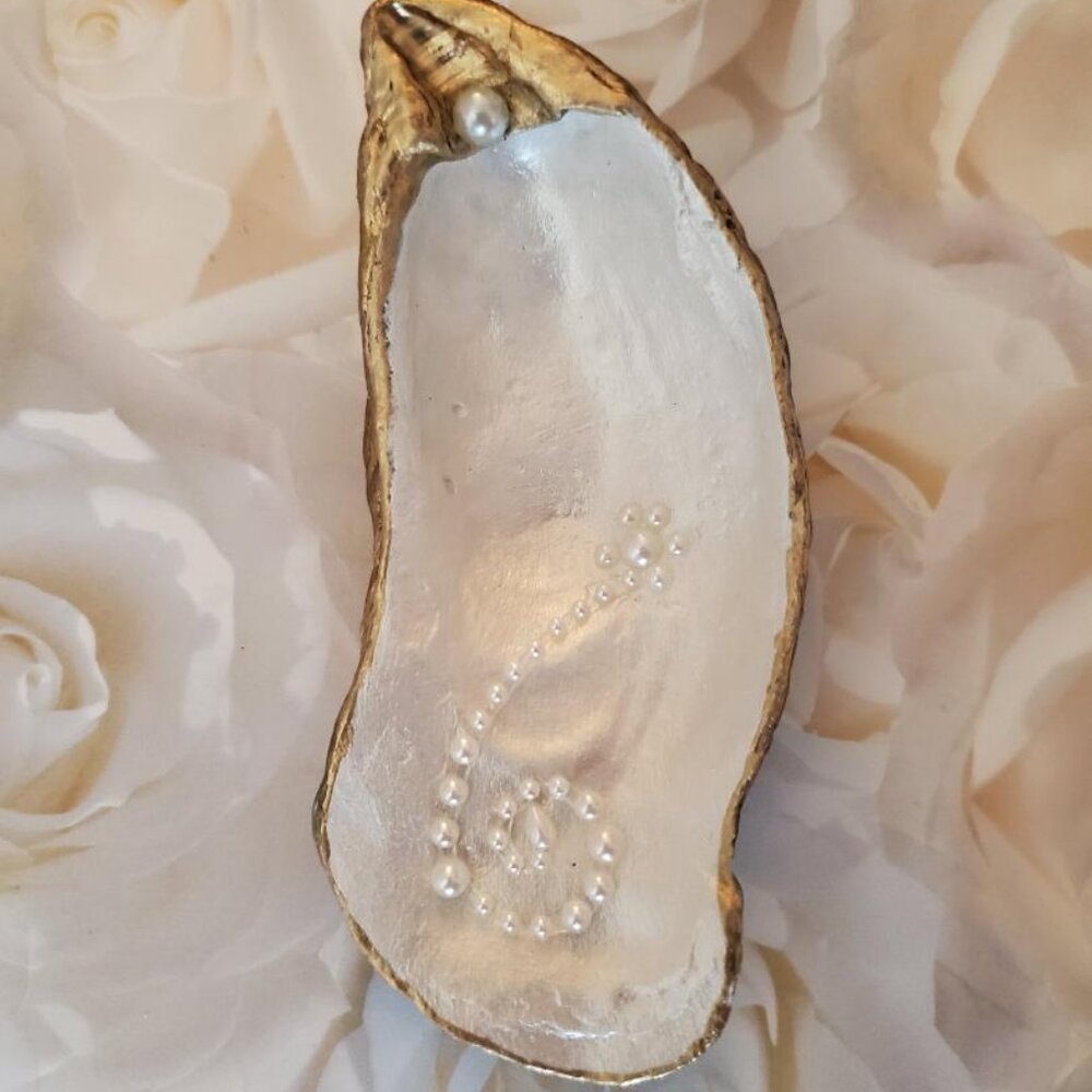 Oyster Shell Hand Painted with Faux Pearls Gold Trim, Trinket Dish Pearlized